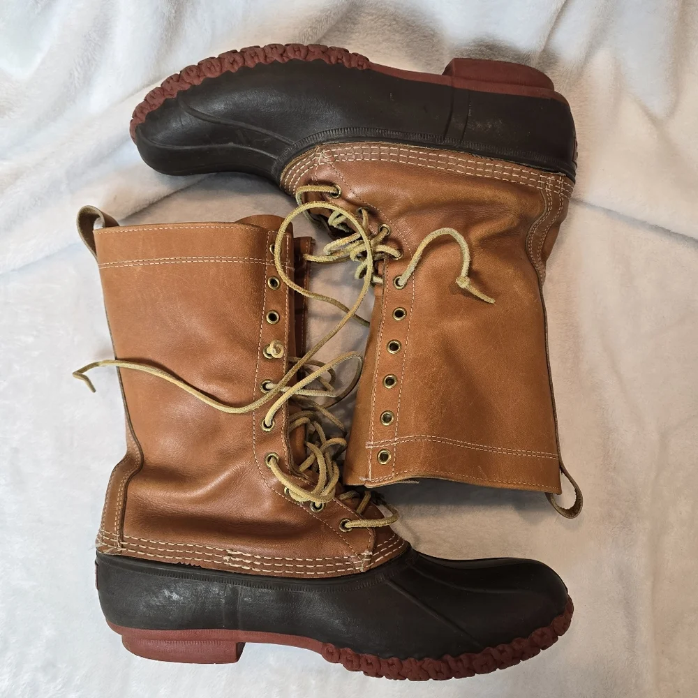 LL Bean Maine Hunting Shoe Tan Leather Brown Rubber Boots Bean-Boots Size 12
